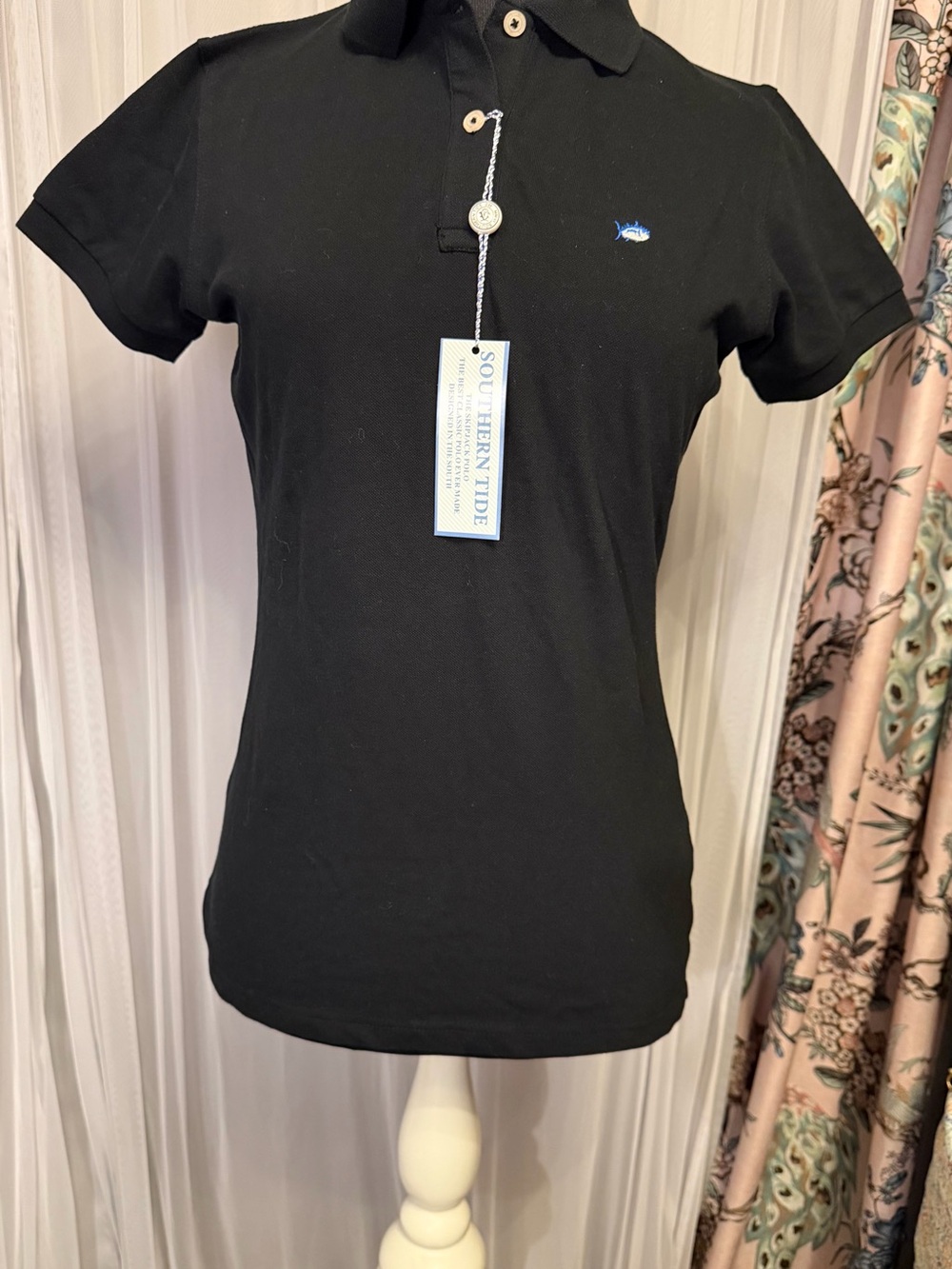 Southern Tide Women's Black Polo with Blue Fish Logo